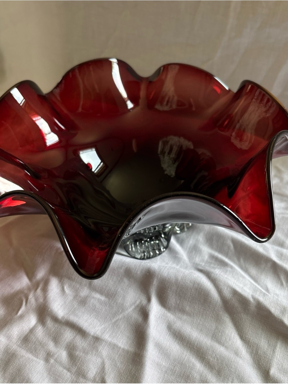 VTG ruby red art glass ruffled bowl MCM Murano style hand blown centerpiece